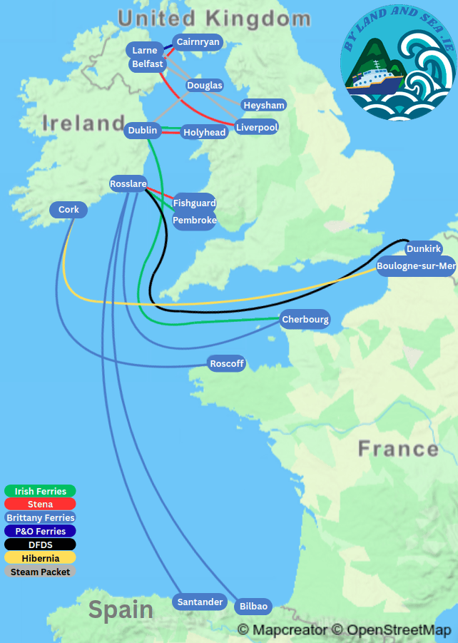 Map of ferry routes to and from Ireland from Irish Ferries, Stena, Brittany Ferries, P&O Ferries, DFDS, Hibernia and Steam Packet.